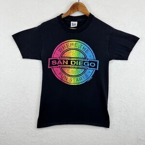 Vintage San Diego Shirt Mens Medium Black Rainbow Graphic Where Fun Starts 80s